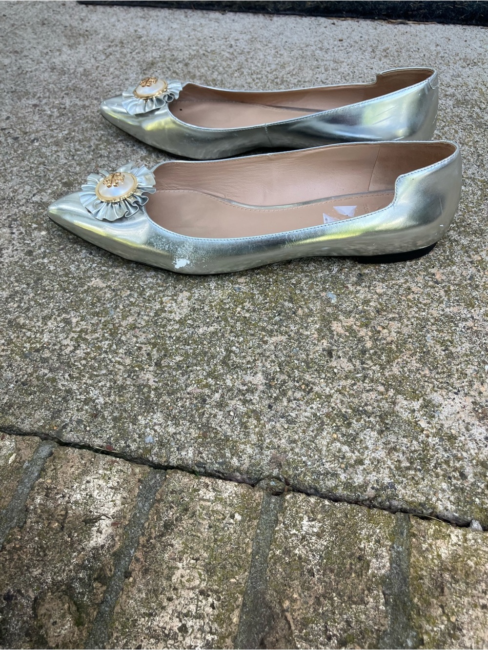 Tory Burch Metallic Silver Pointed-Toe Flats with Rosette Medallion - Picture 2 of 6